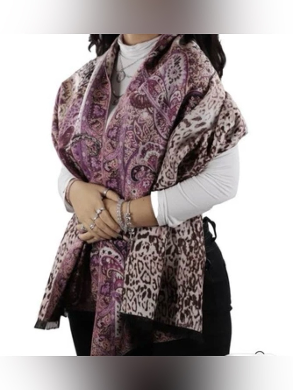 Neiman Marcus Purple and Gray Paisley reversible Animal Print 100% Wool Scarf
